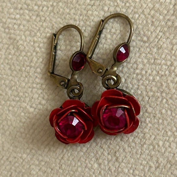 Red Rose Drop Earrings - Picture 3 of 3